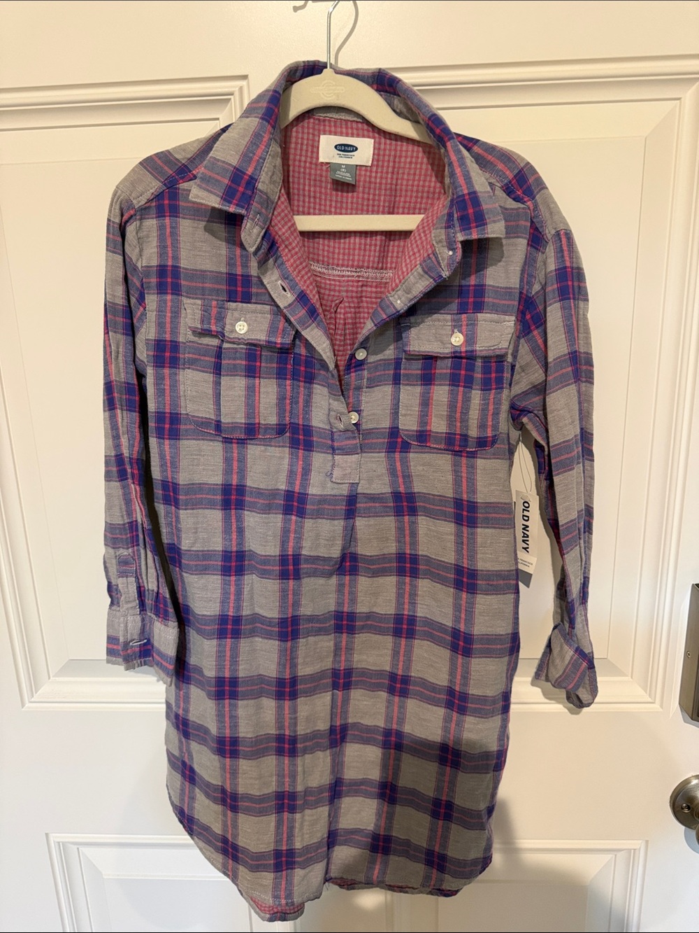 New Old Navy Gray, Purple pink Plaid girls Long-Sleeve Button-Down Shirt tunic